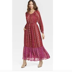 Knox Rose Deep Hibiscus Long Sleeve Boho Maxi Dress - Womens MEDIUM -  NWT